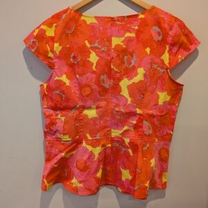 LOFT Floral Women's Blouse Red Pink Yellow Peplum Sz 14 Office Work Career